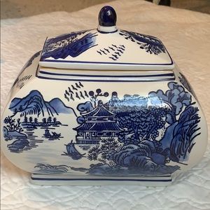 Blue and White Decorative Ceramic Container w/ Lid